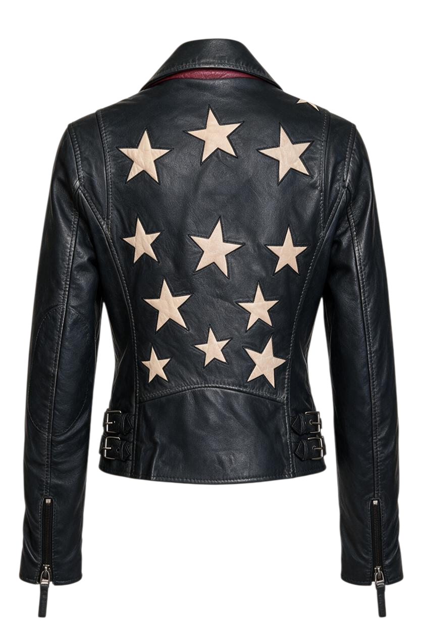Trestles Clothing Company black lamb leather jacket with beige star appliqués on the back and side buckle details.